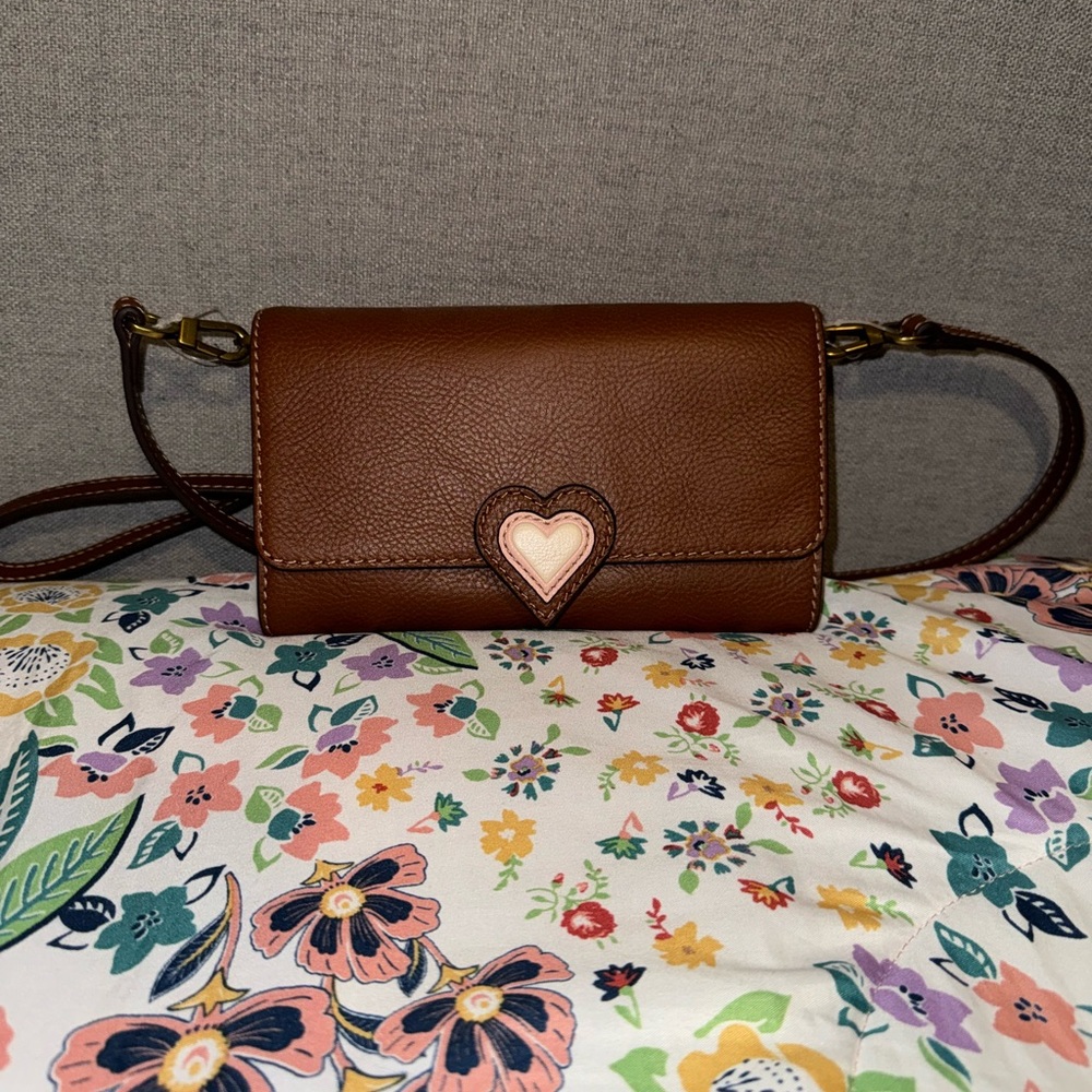Brown Leather Crossbody Bag with Heart Detail